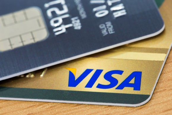 Two credit cards, one on top of another that says Visa.