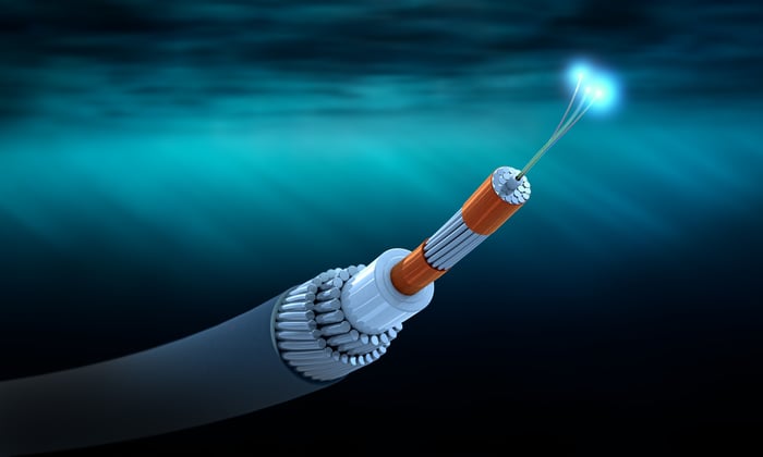 Cross section of a submarine communications cable under water. 