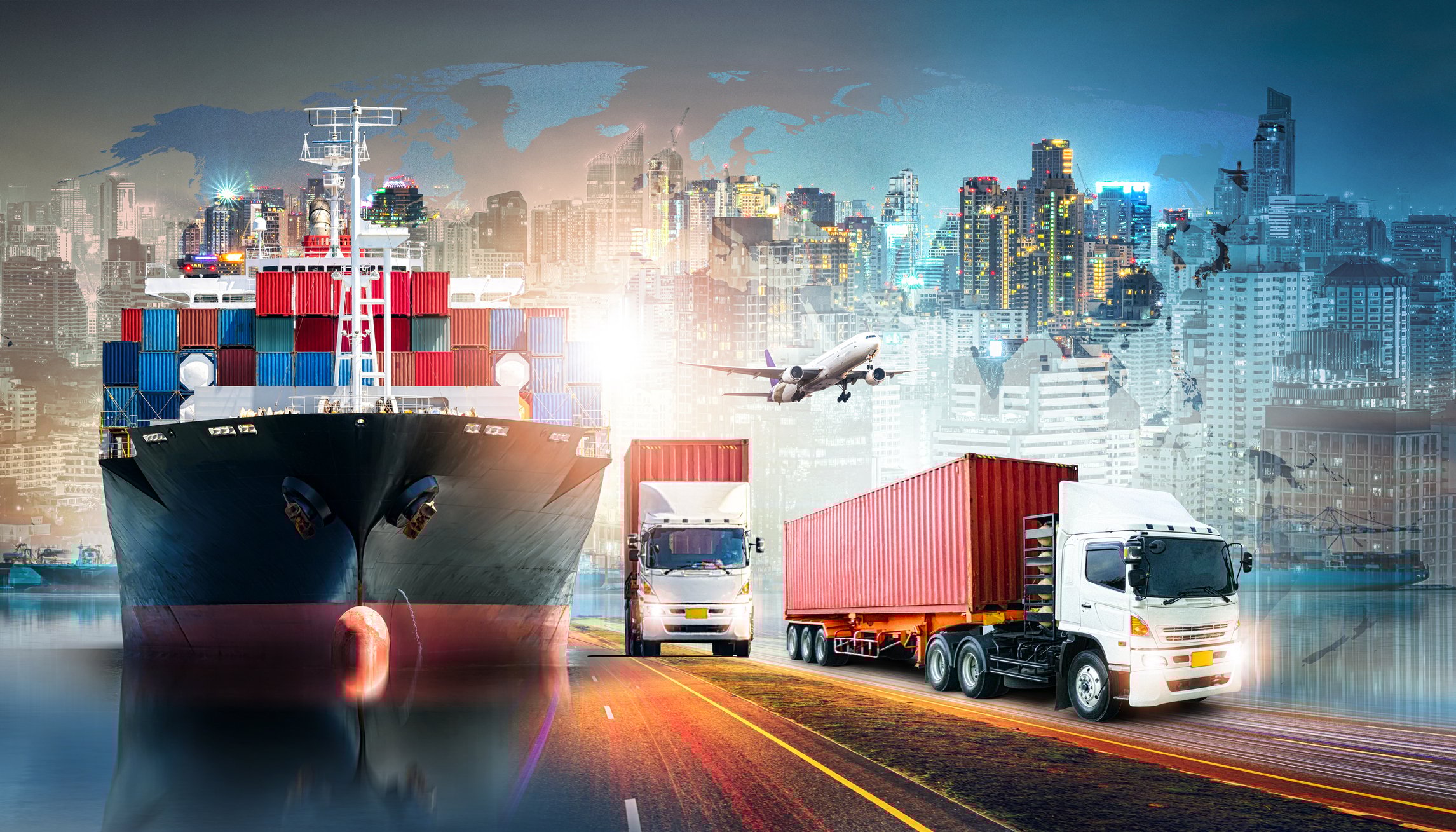A cargo ship, trucks, and a plane with cityscape and world map in background