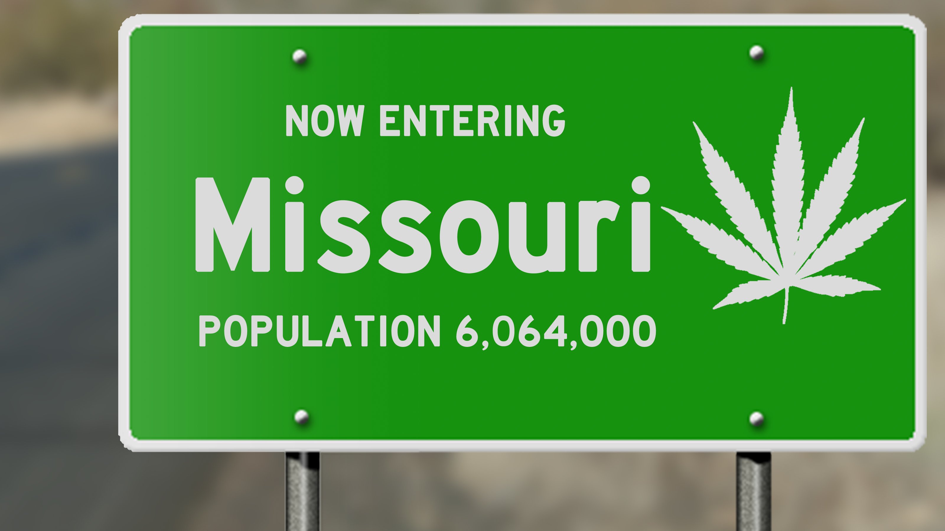 Missouri road sign with marijuana leaf.