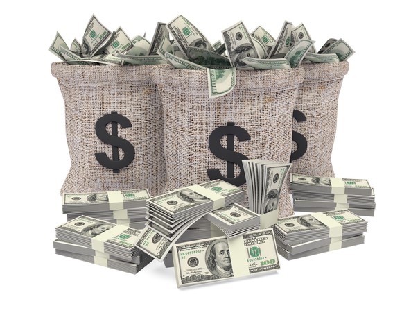 Three moneybags with stacks of cash