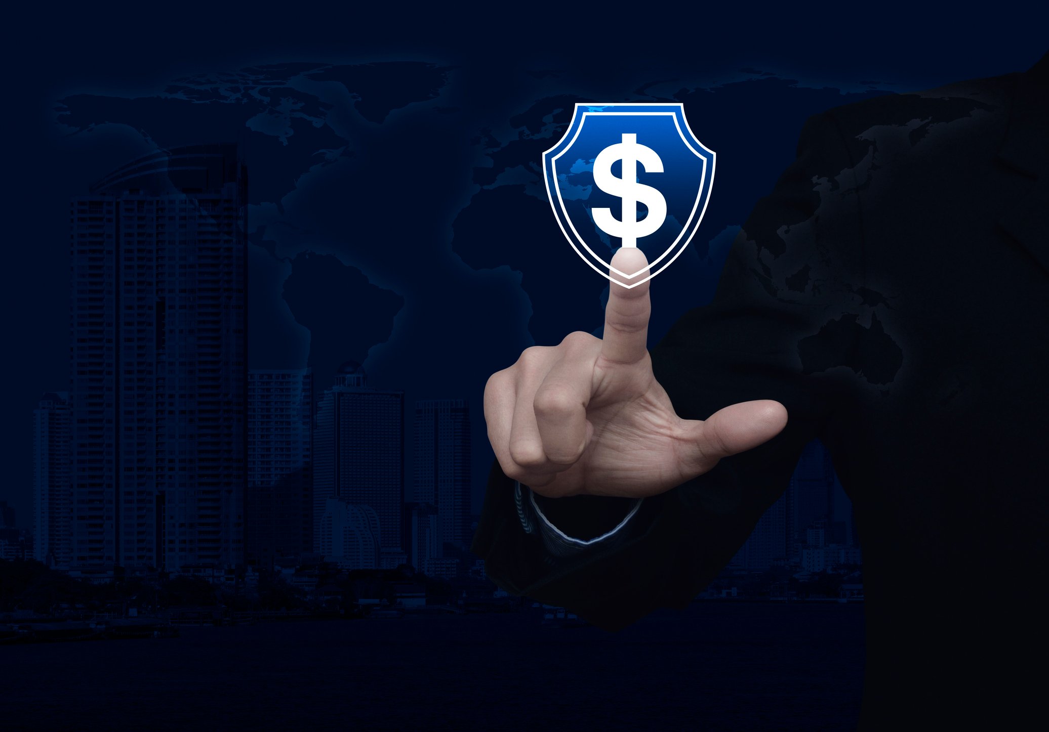 Finger pointing to dollar sign in a shield outline