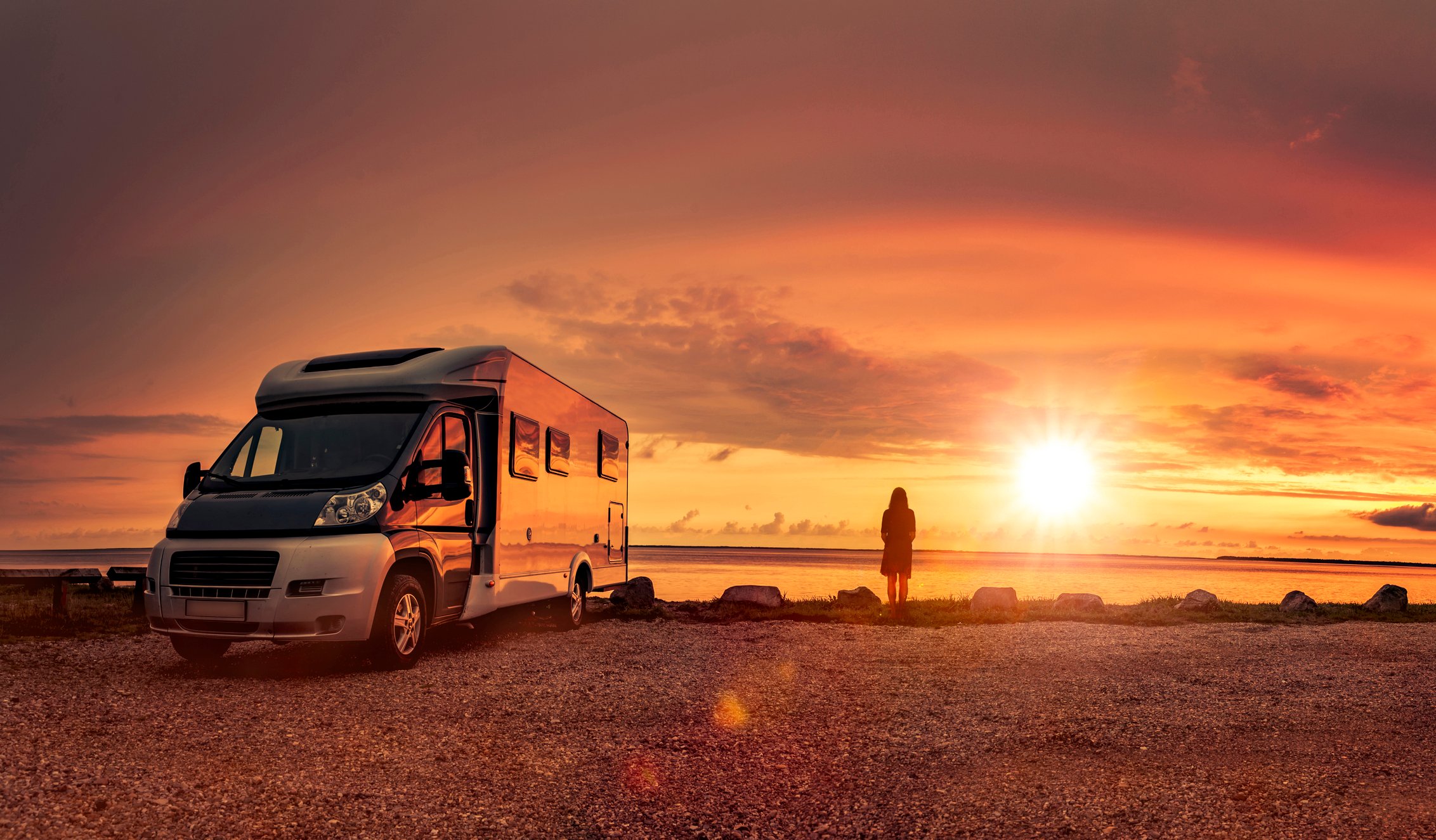 An RV parked next to a large lake as the sun sets