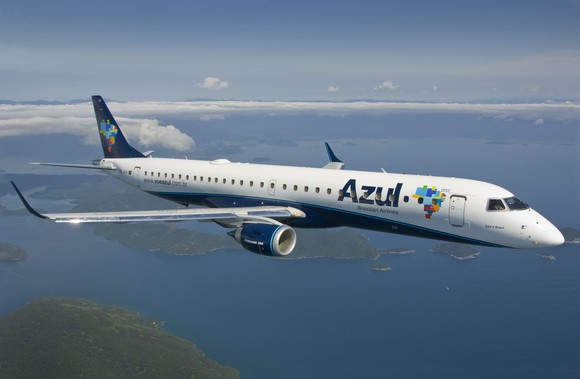 An Azul Airlines plane in flight.