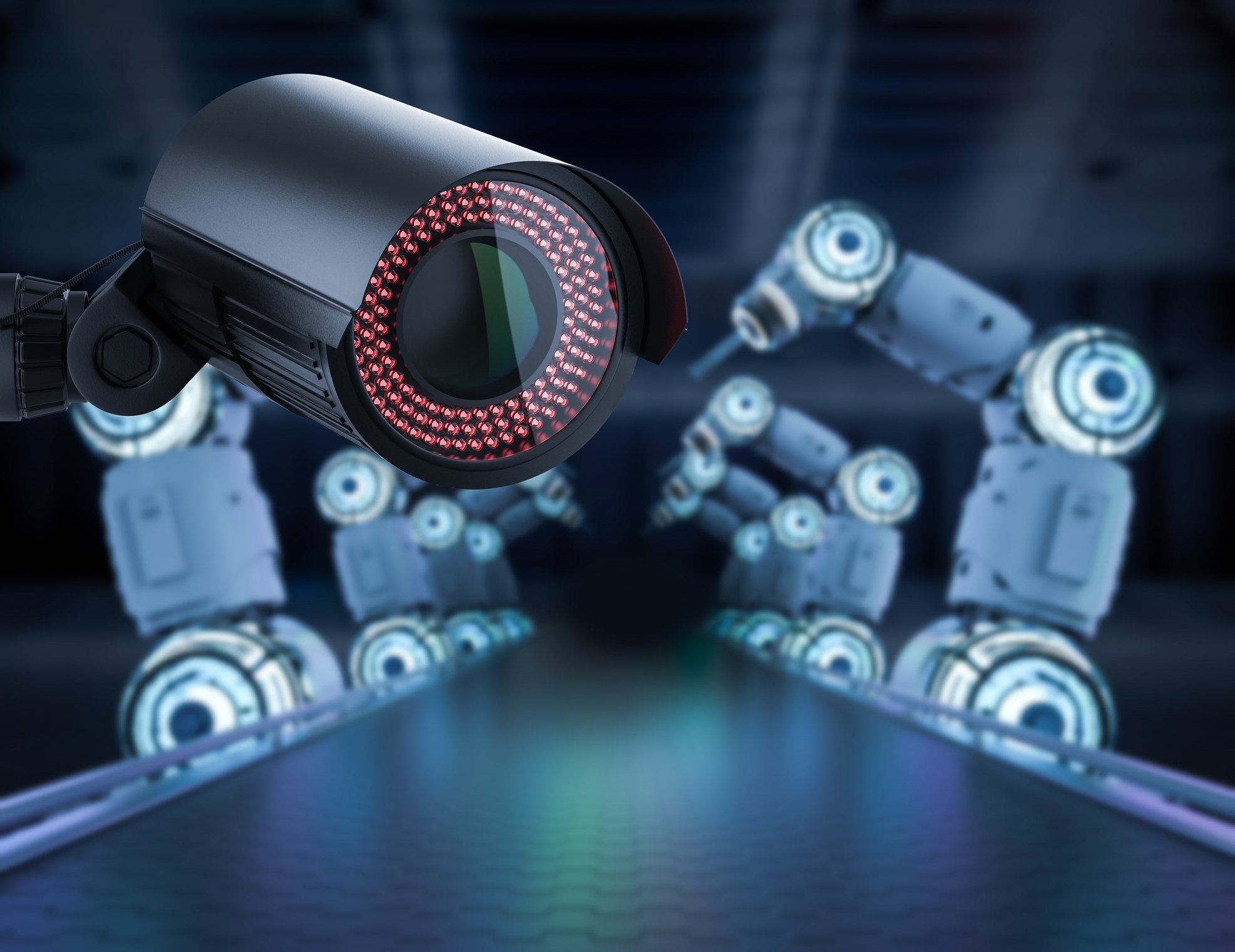 A robotic camera monitors a manufacturing assembly line.
