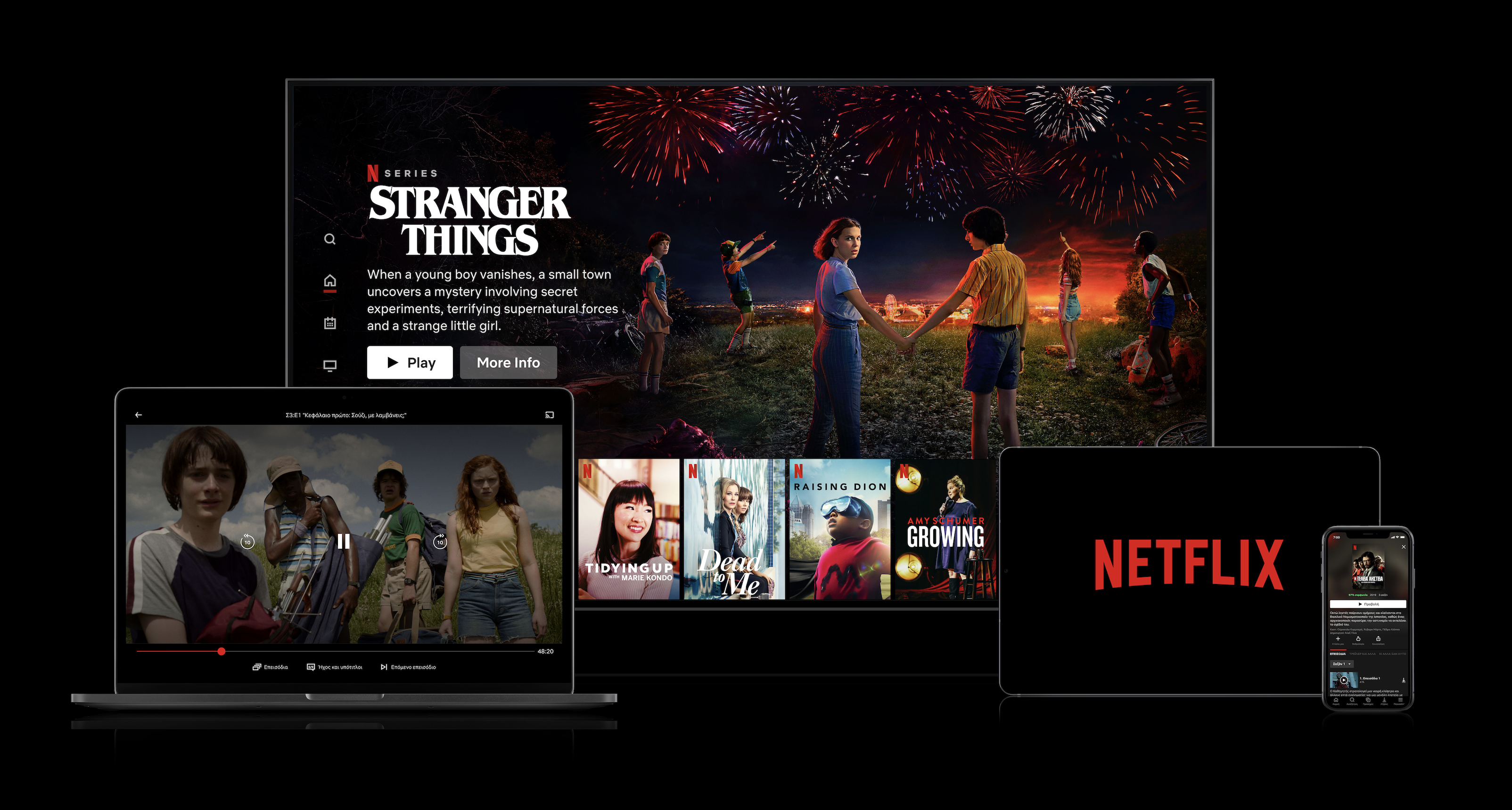 TV and mobile device screens displaying content from Netflix.