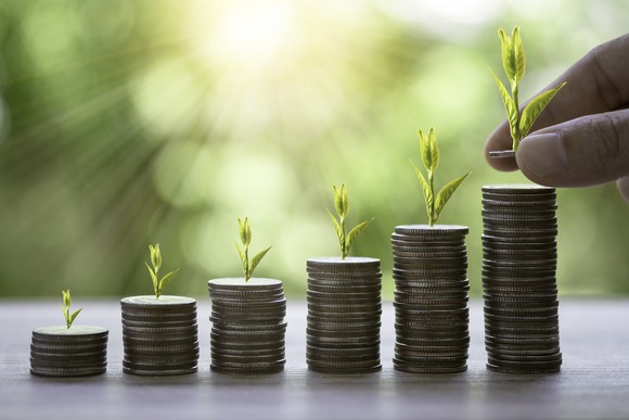 A stack of coins that gets progressively higher.