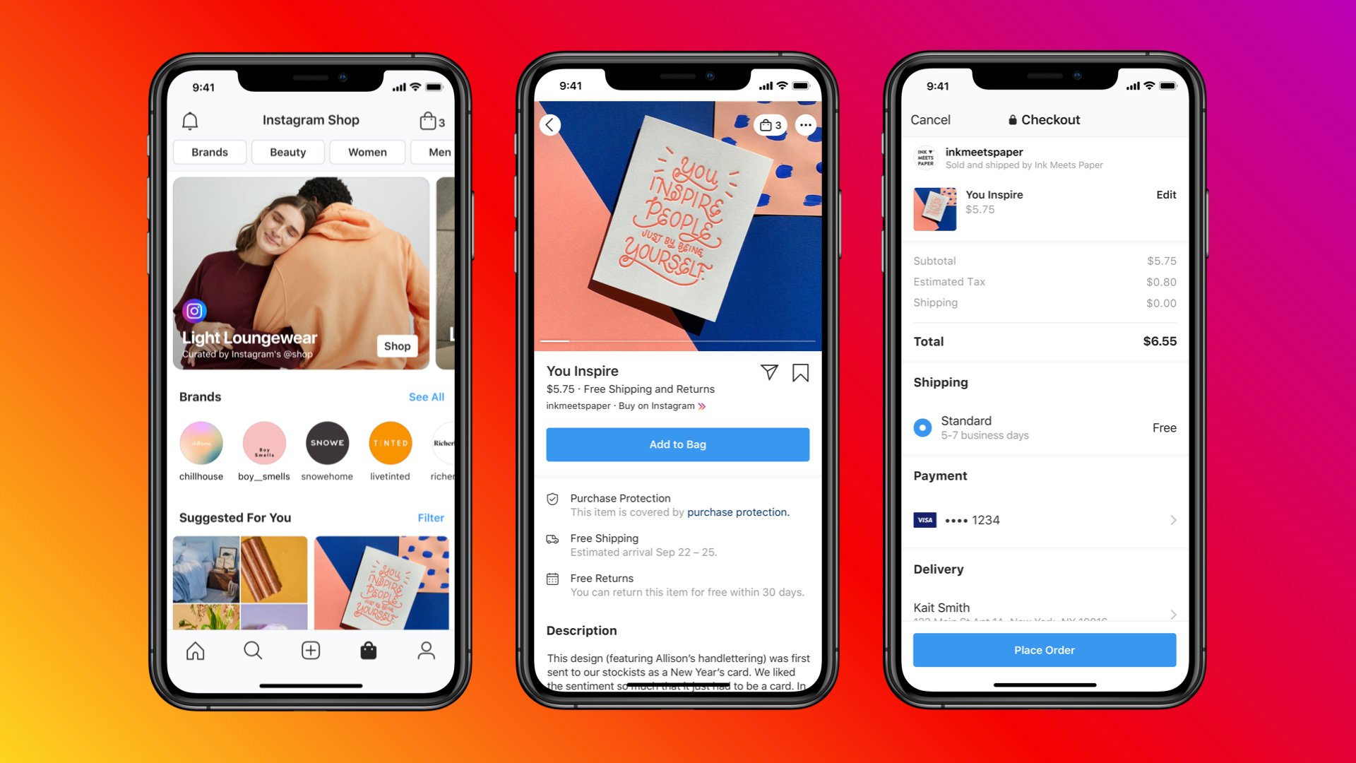 Three smartphones displaying the Instagram Shop interface