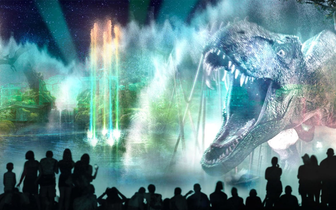 Concept art for Universal Studios Florida's Cinematic Celebration, with a T. rex projected on a water wall