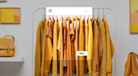 A bunch of yellow dresses on hangers, highlighted with a "shop" box to show how they'd look in Facebook Shops