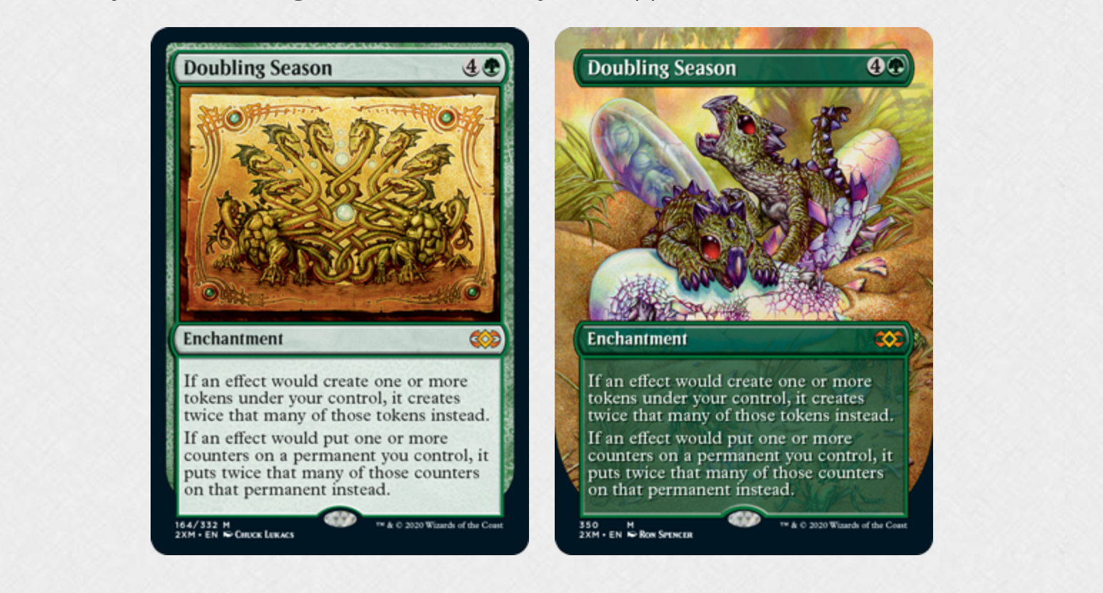 A photo of the two Double Masters versions of the Doubling Season card.