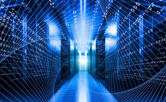 swirling lines overlaid over the picture of a data center hallway looking down between two walls of servers. 