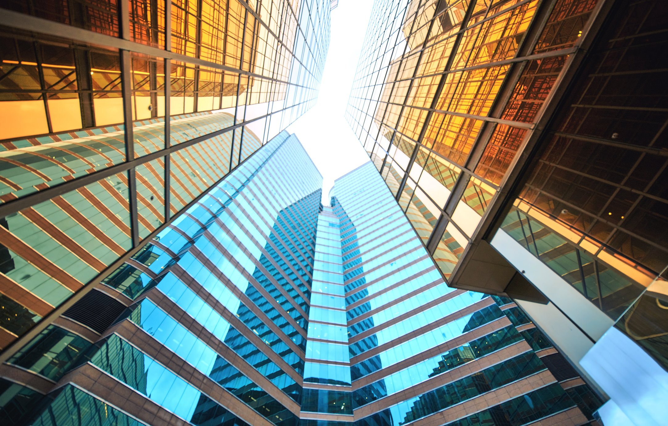 View of modern skyscrapers from the ground up. 
