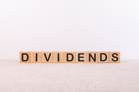 Letter blocks spelling the word "dividends."