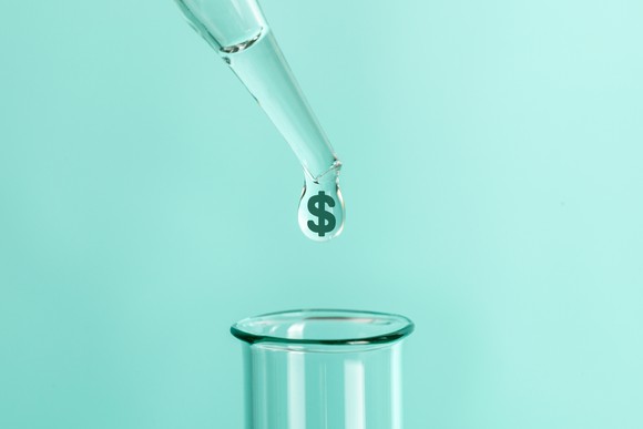 Dropper putting droplet with money sign into beaker