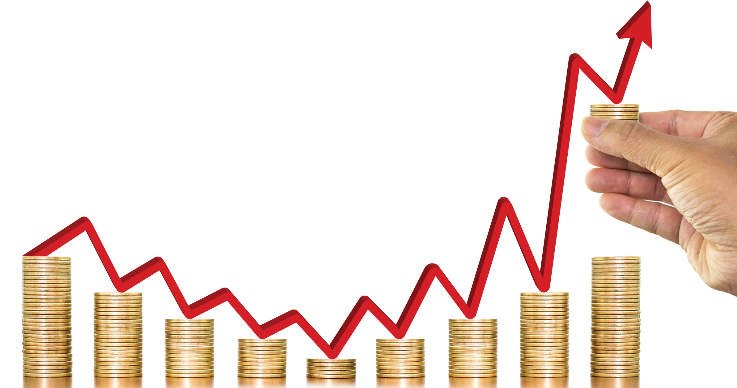 Coins stacked under a rising arrow