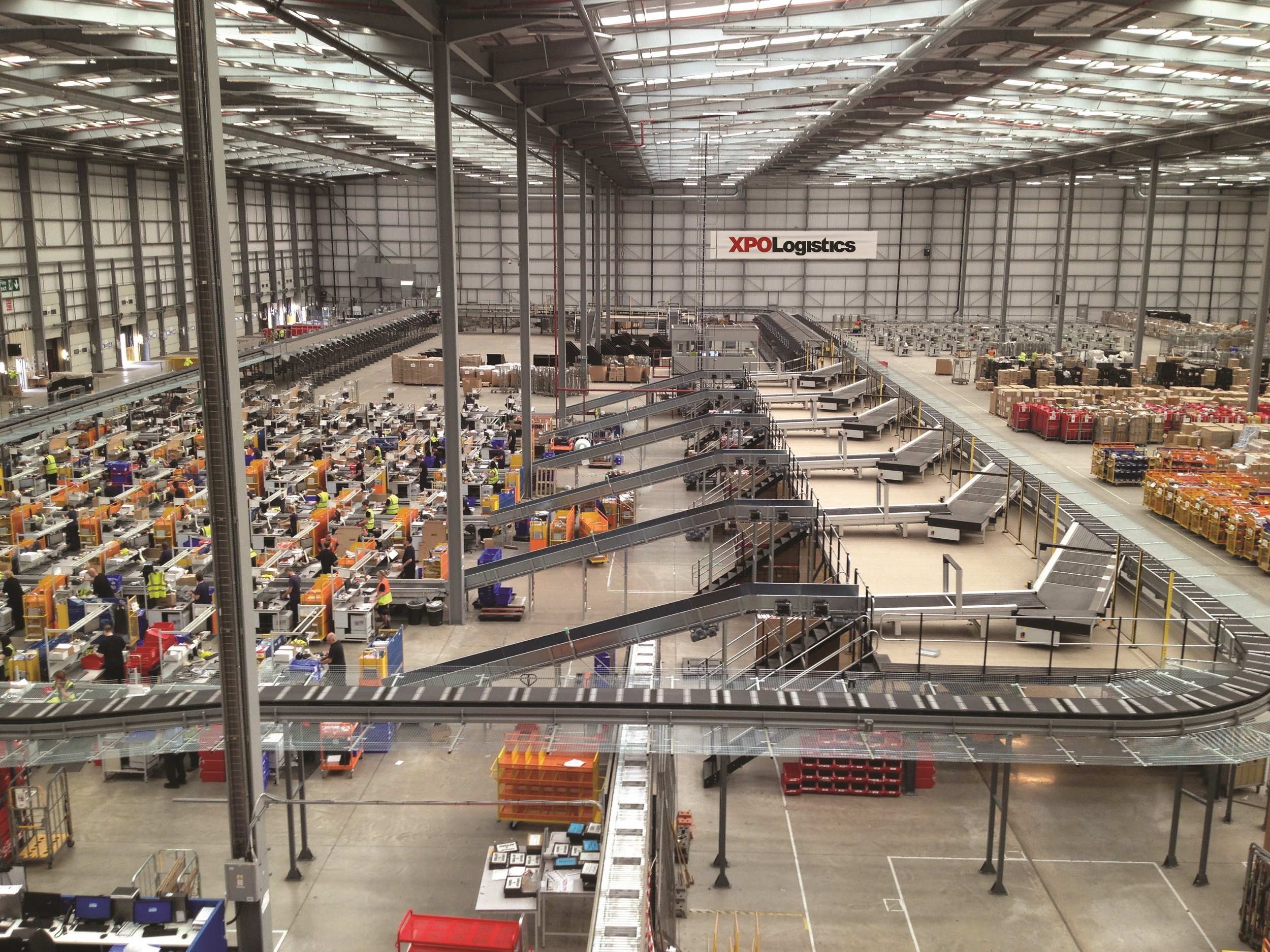 Wide view of an XPO automated warehouse facility.