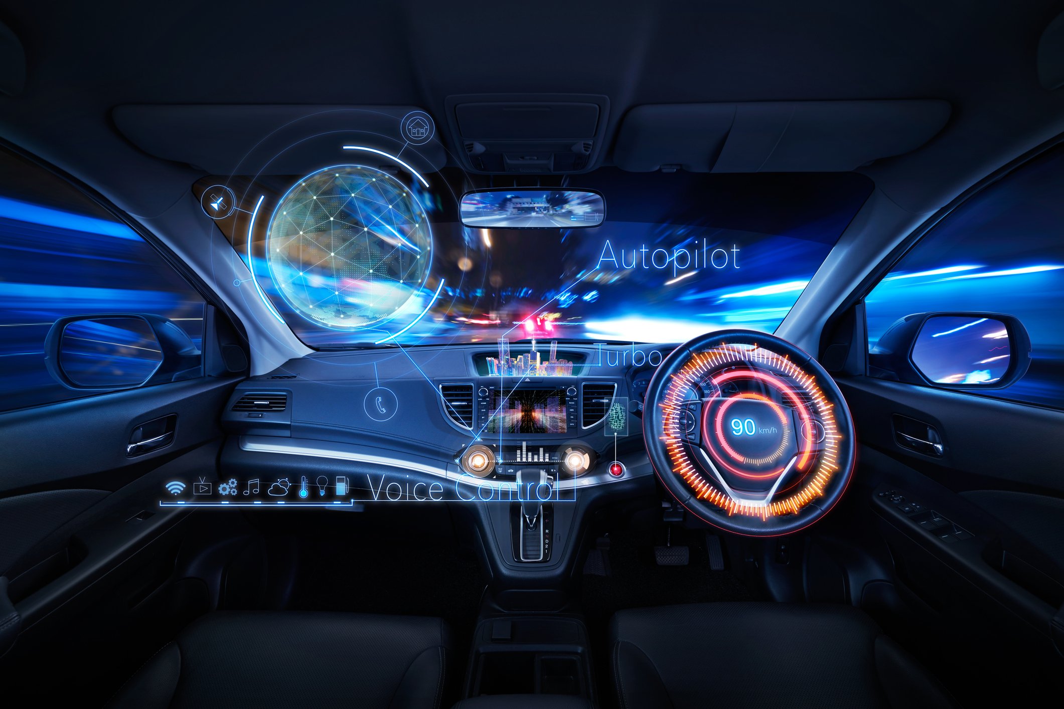An interior view of a self-driving car.