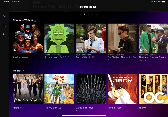 The HBO Max homepage, featuring a variety of viewing options. 