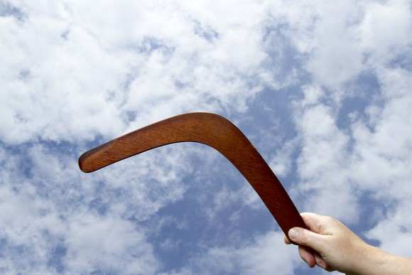A hand is throwing a wooden boomerang into a cloudy sky.