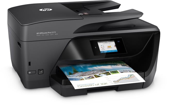 Black printer with HP logo on it, and color printout in the document tray.