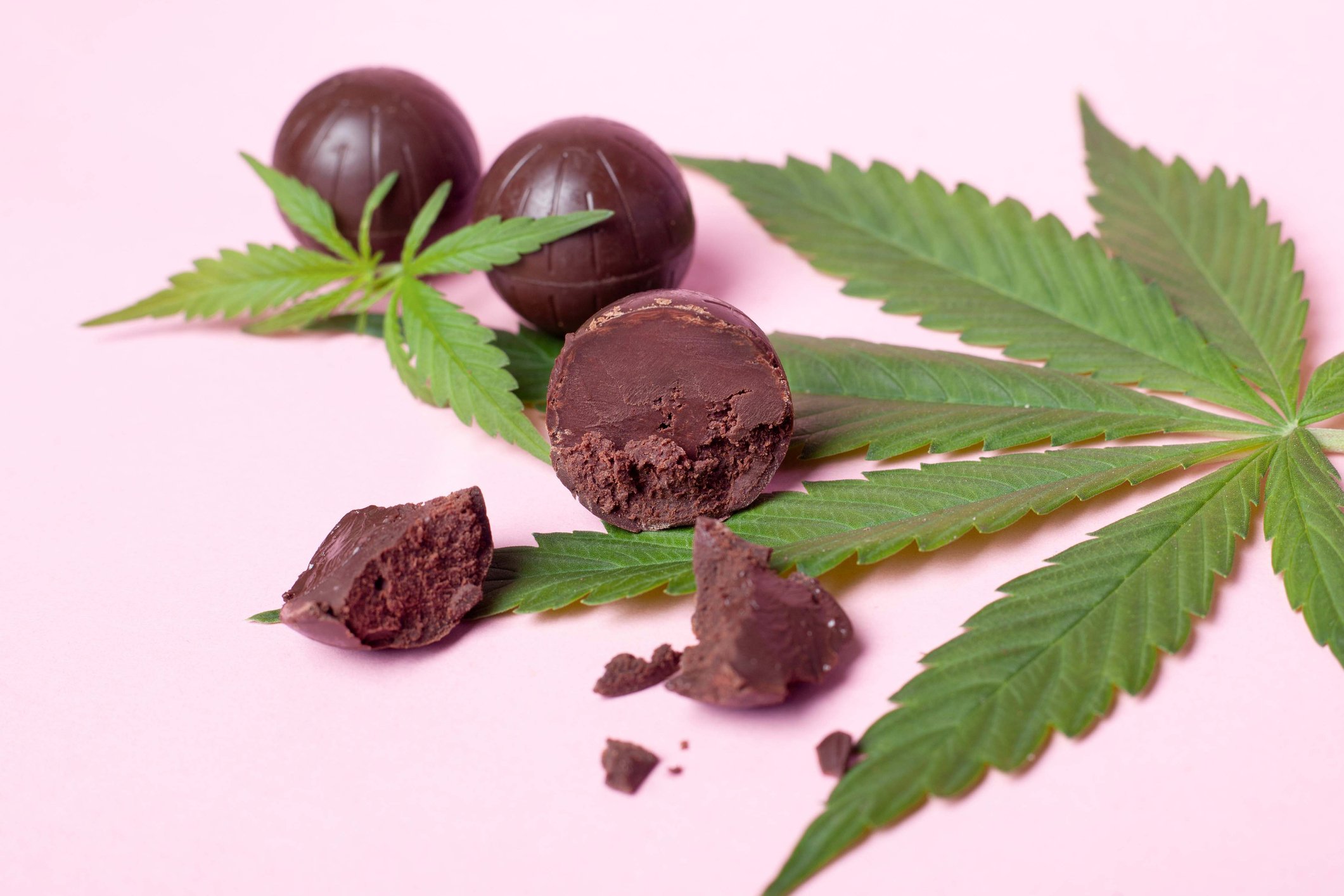 Ball-shaped chocolate next to cannabis leaves.