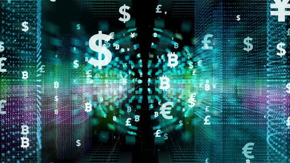 Symbols of various currencies, including the dollar, the euro, and bitcoin.