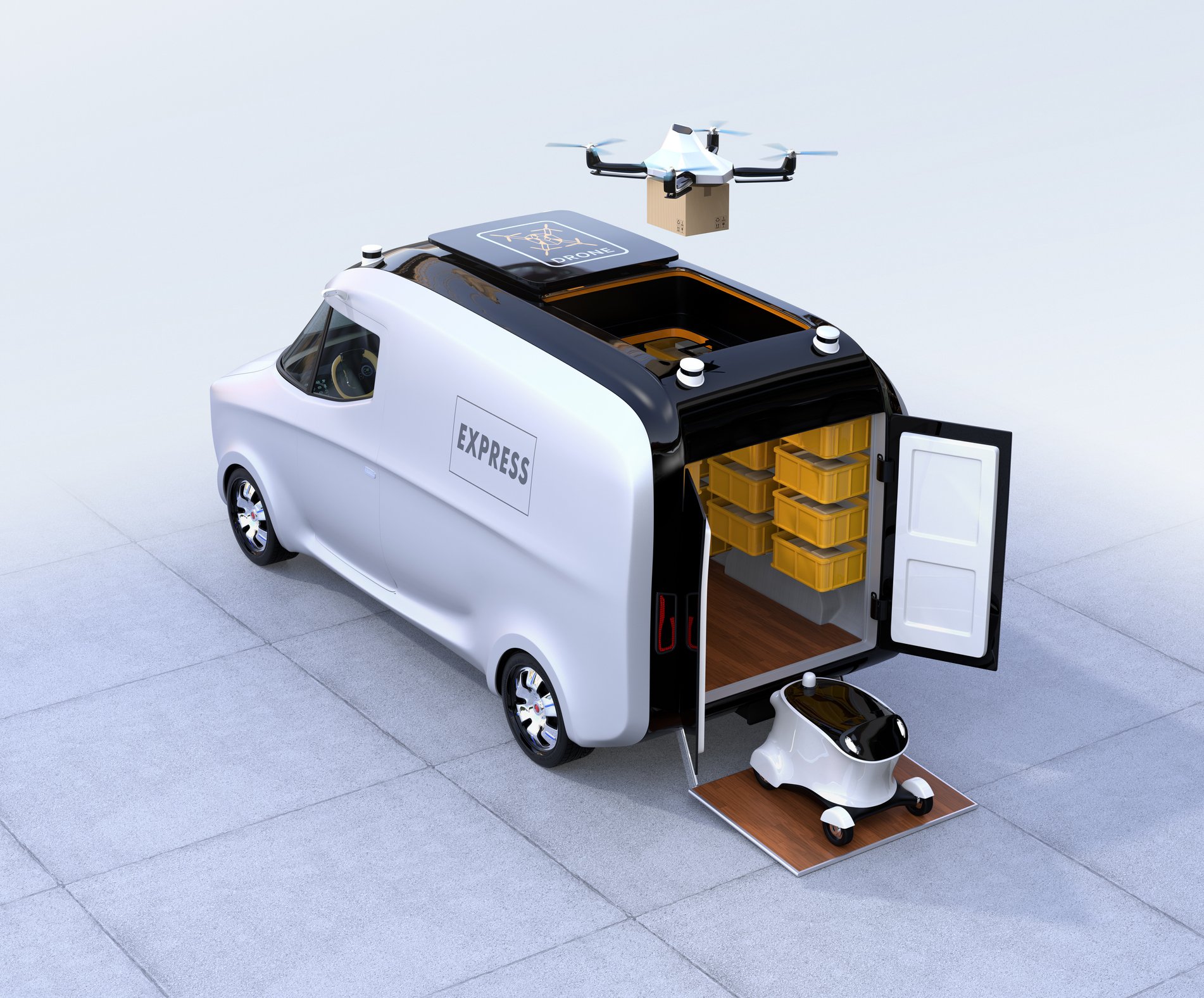 Delivery van deploying autonomous delivery robot and flying drone.
