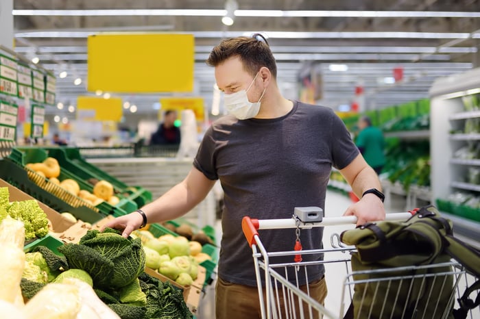 Man wearing a face mask while shopping at a grocery store