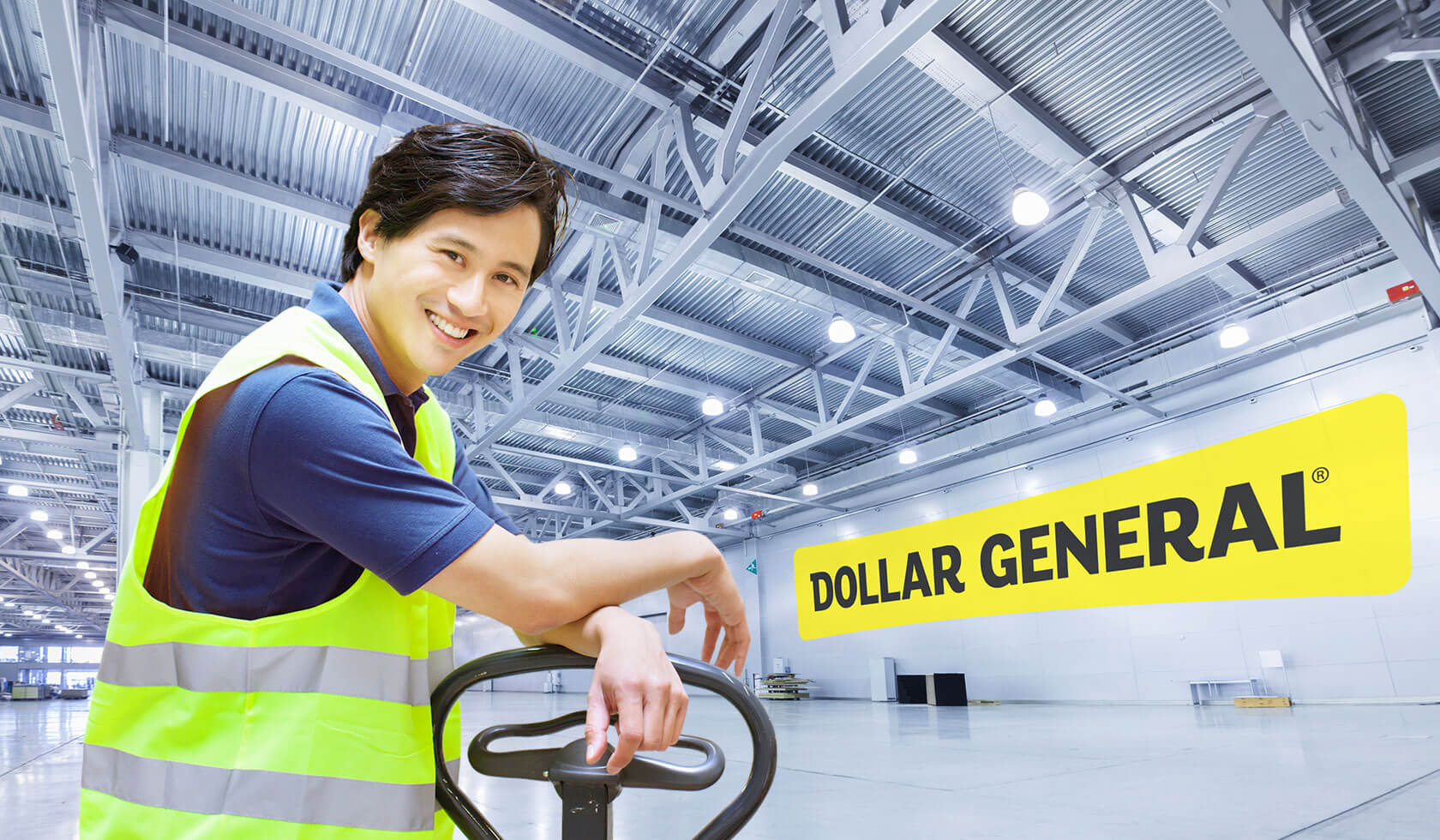 Person next to forklift with Dollar General logo on the wall in a warehouse.