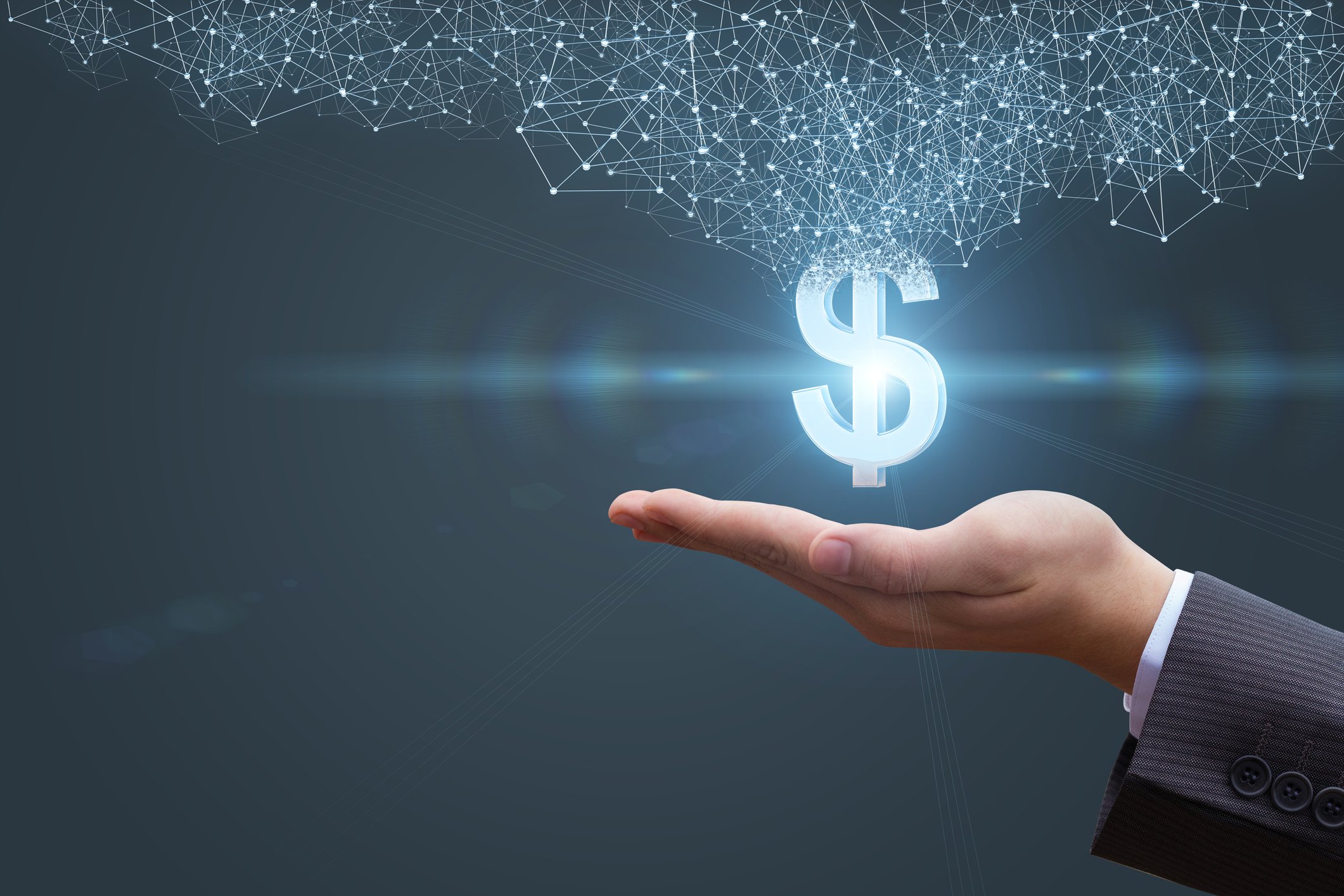 dollar sign landing on man's open hand, representing executive bonus pay