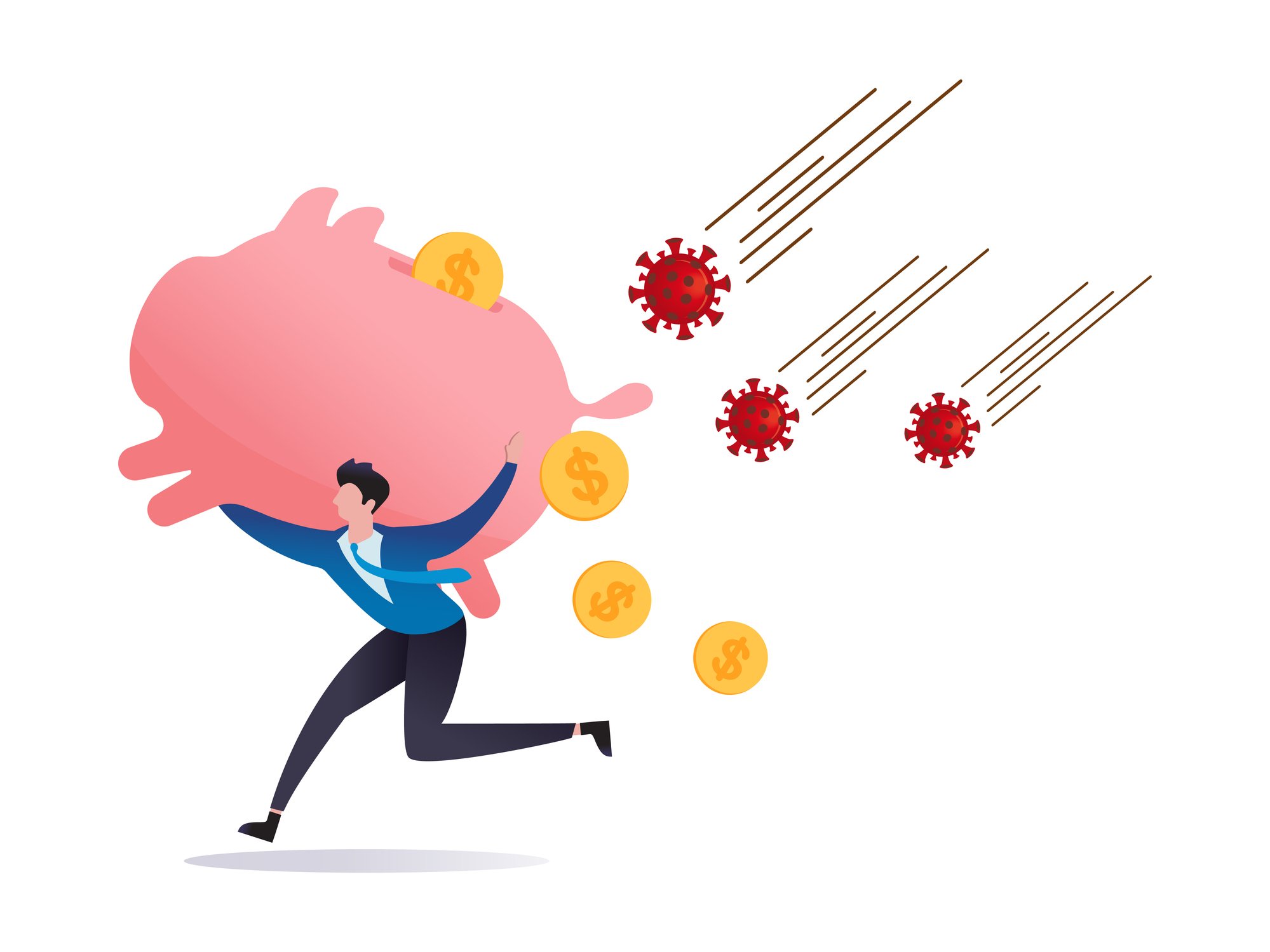 Cartoon-style rendering of a man carrying a large piggy back while running away from large coronavirus bodies falling from the sky.