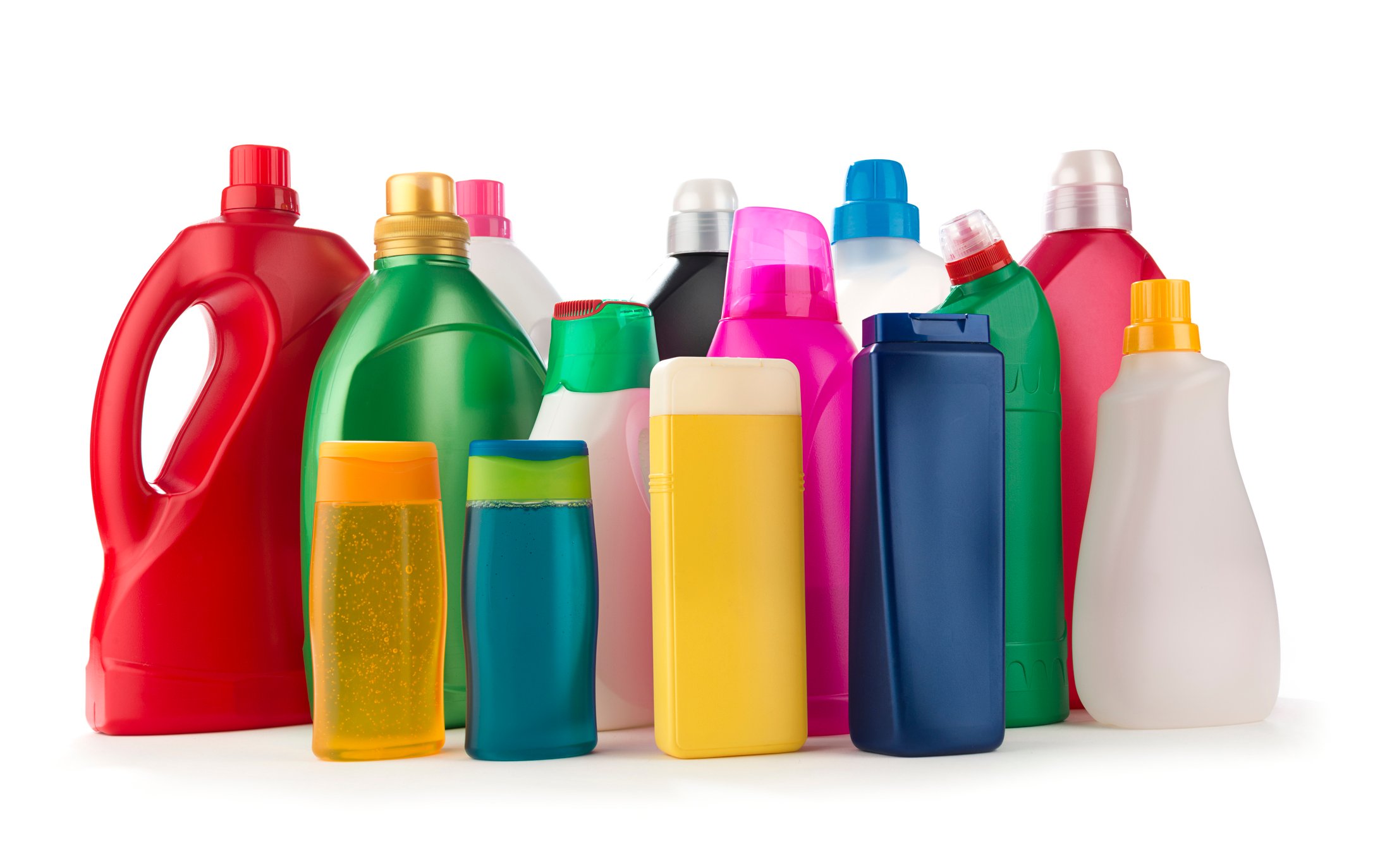 An array of bottles in different colors.