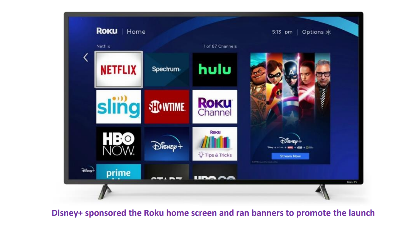 A TV showing Roku's main menu with a large ad for Disney+ on the right-hand side.