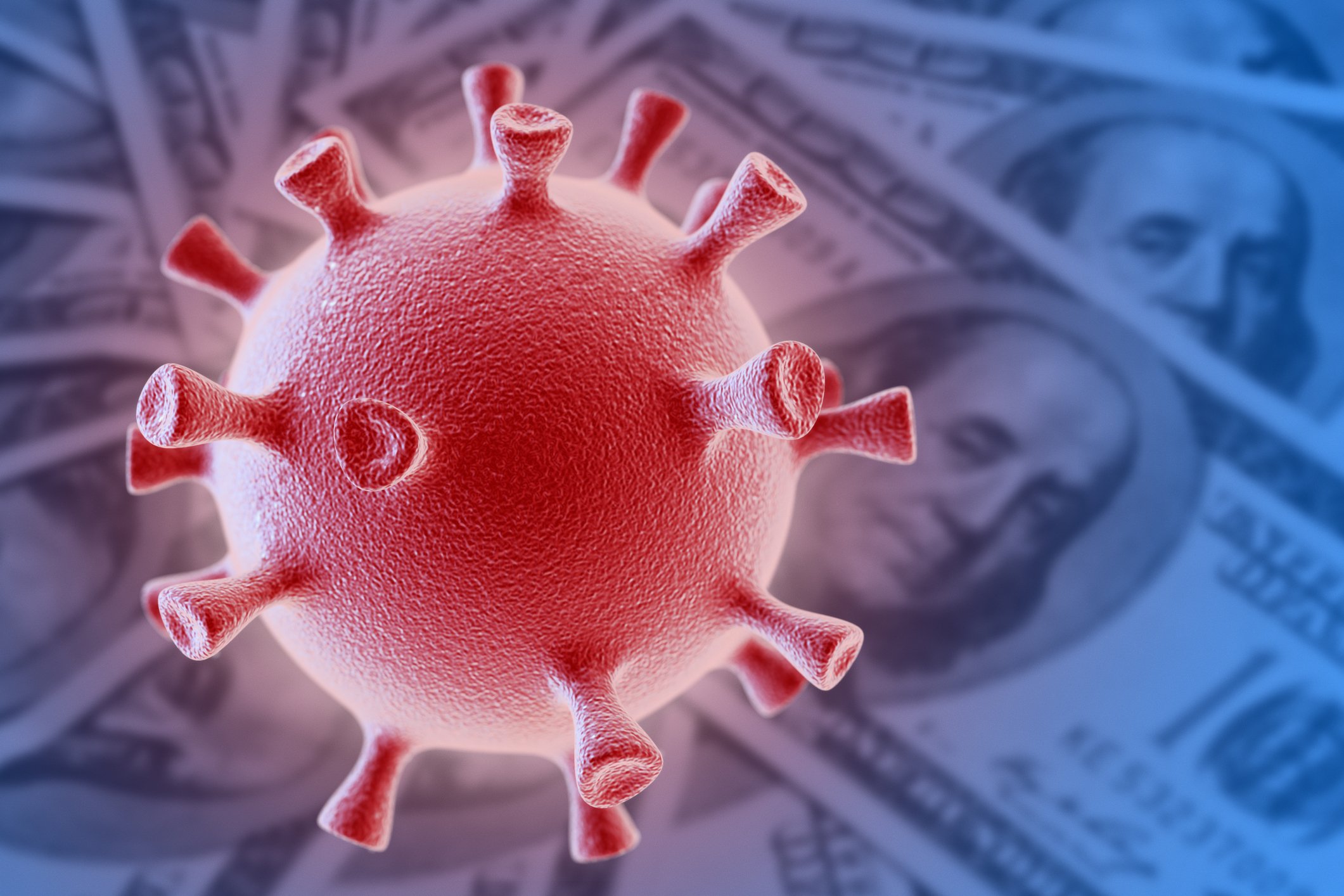 Coronavirus particle with $100 bills in background