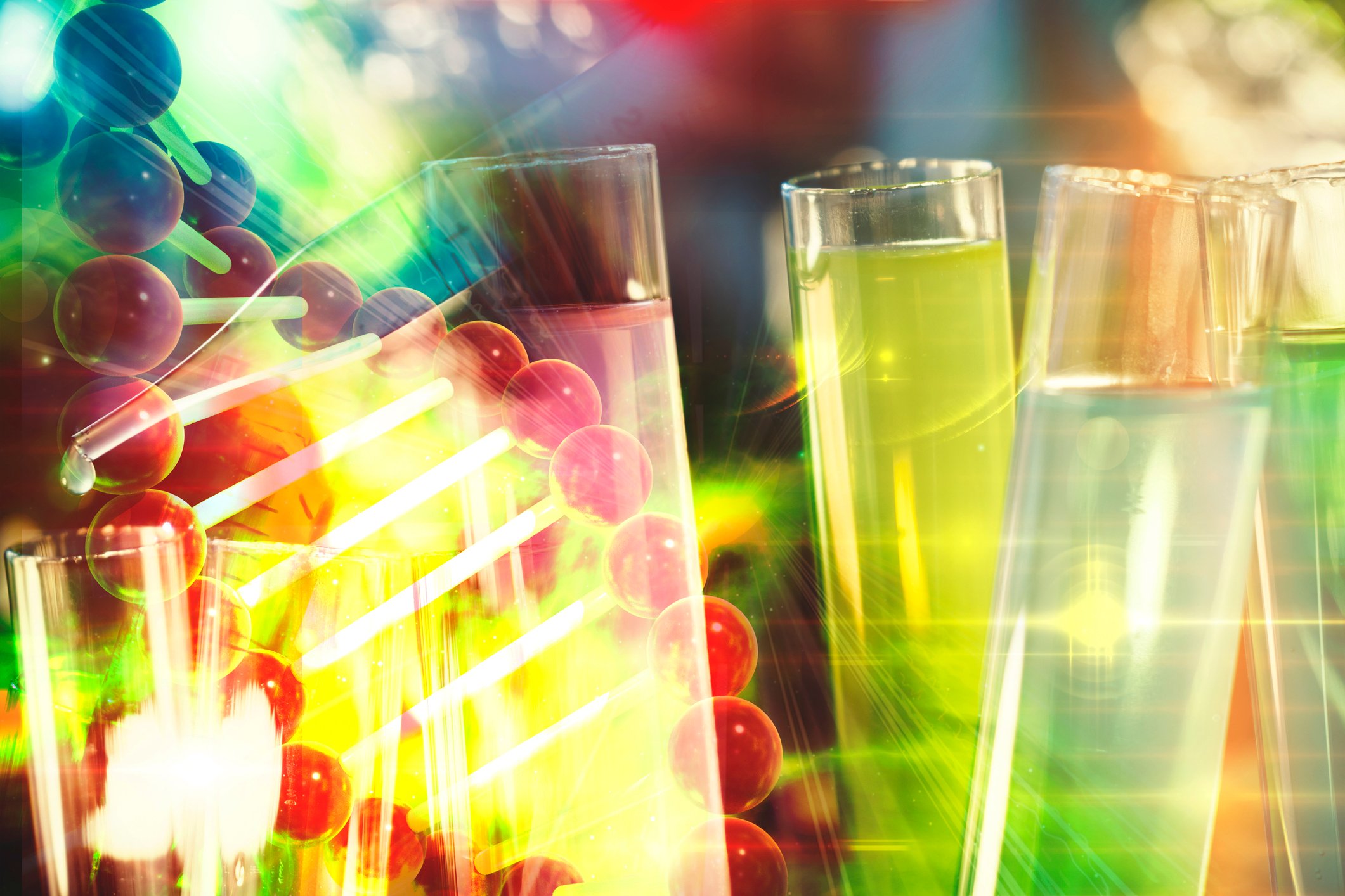 Concept art of a strand of DNA and test tubes.