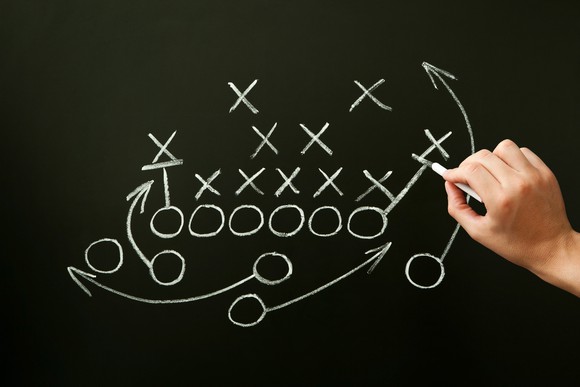Man's hand drawing a football play on chalkboard.