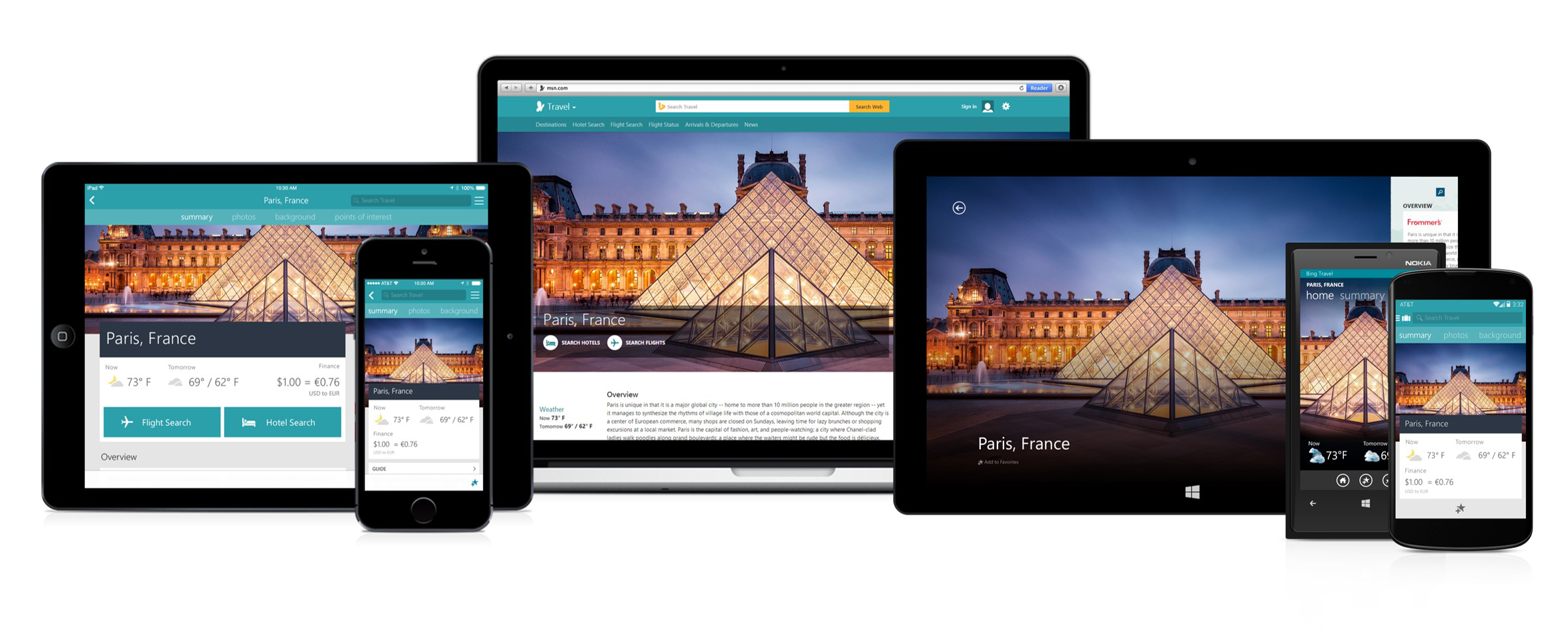 MSN interface displayed on tablets, smartphones, and a laptop