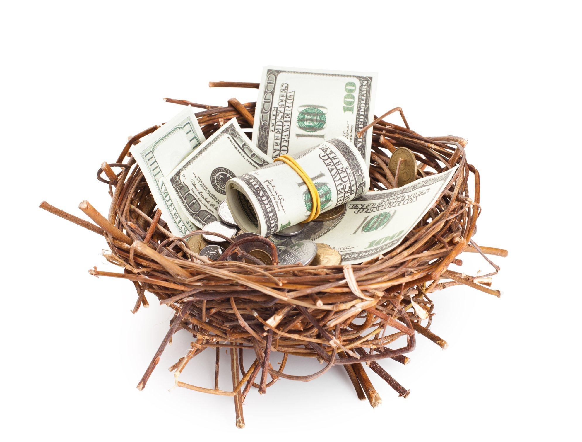 One-hundred-dollar bills and various coins in a bird's nest against a white background.