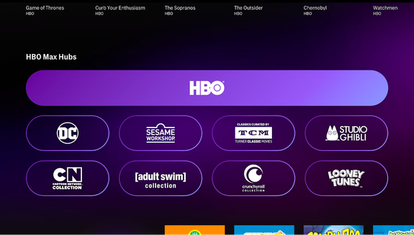 a TV screenshot shows links to various hubs for the content available on HBO Max streaming service.