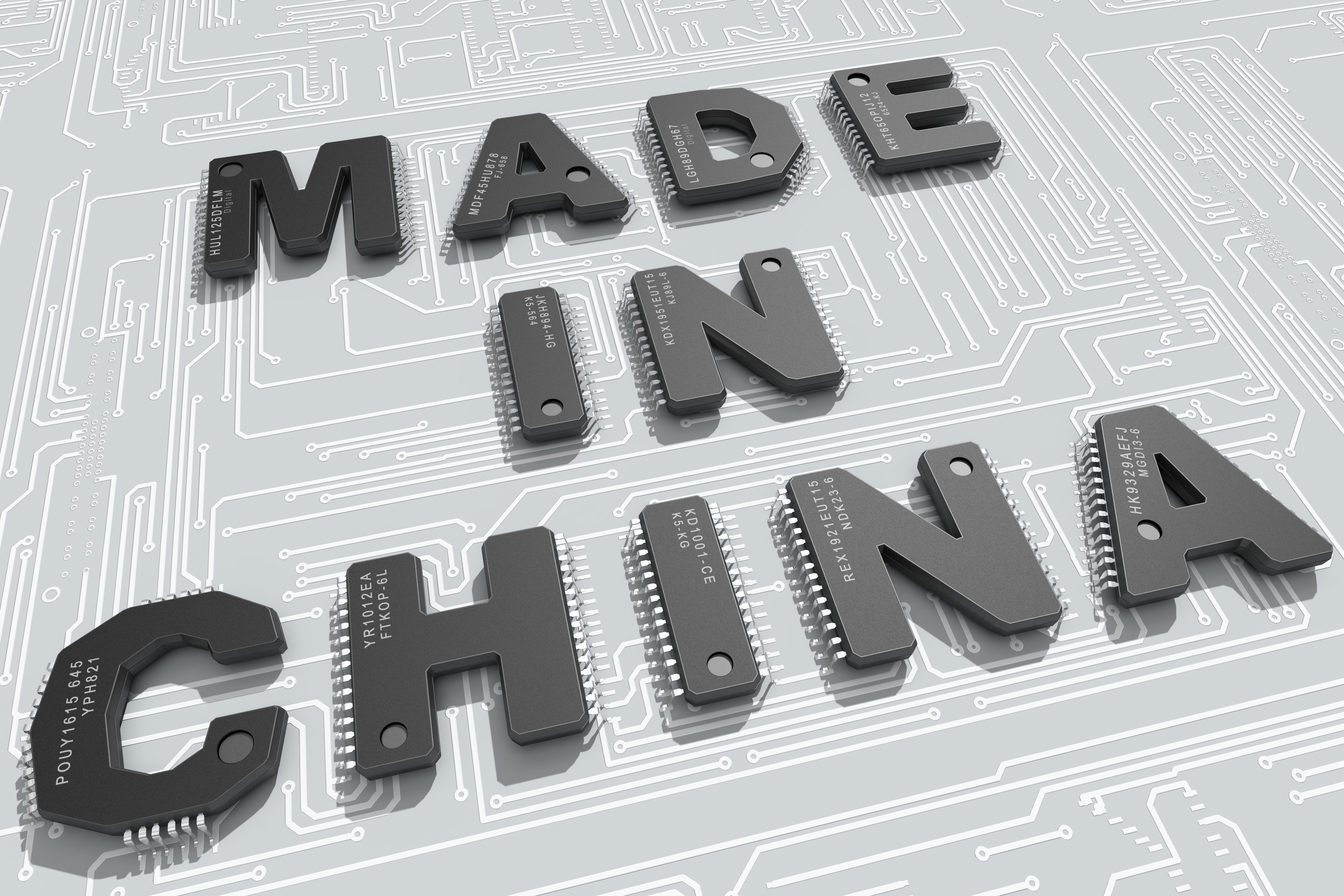 Made in China sign against a circuit board. 