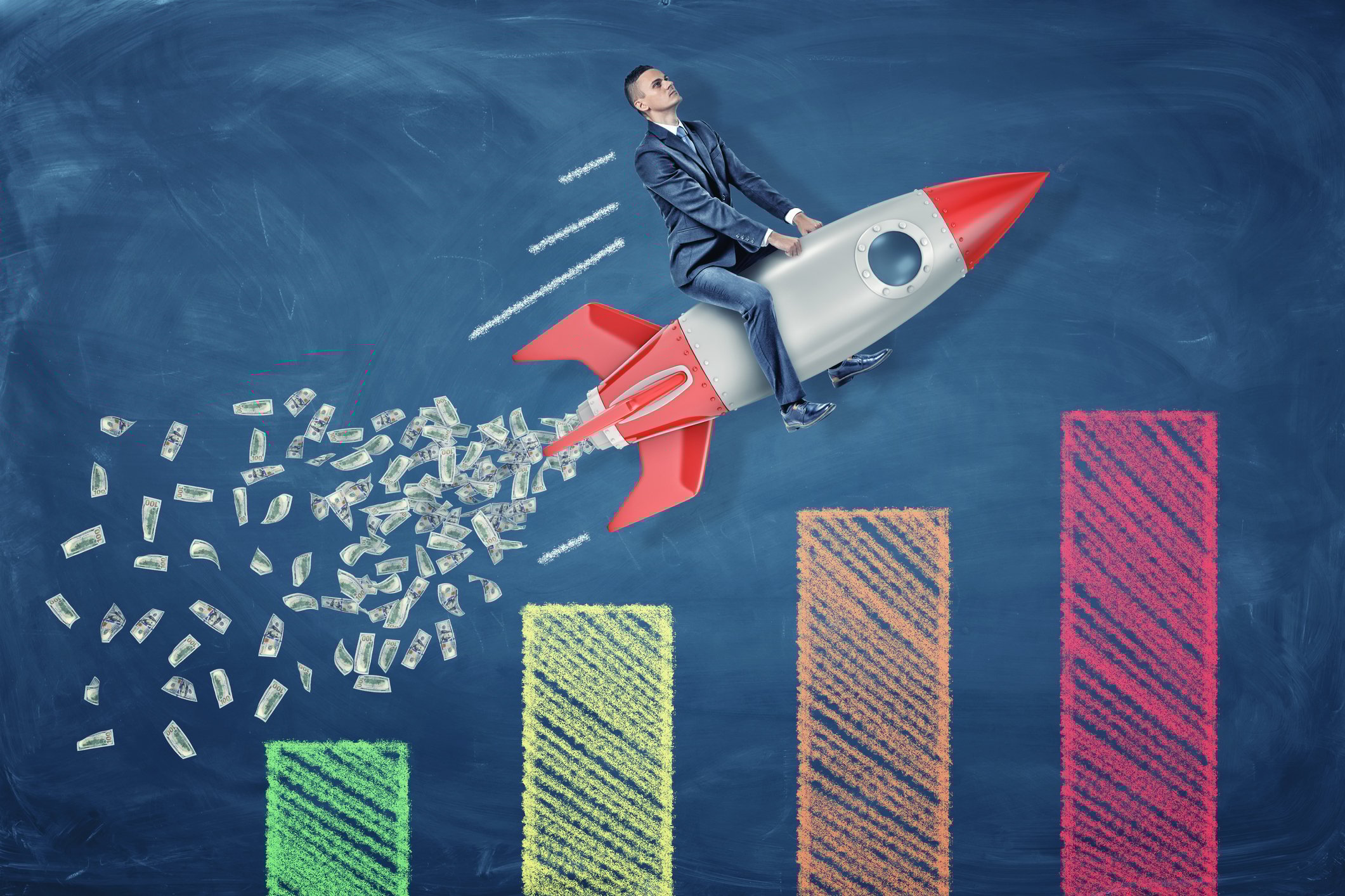 A businessman rides a rocketship with cash exhaust over a multi-colored bar chart.