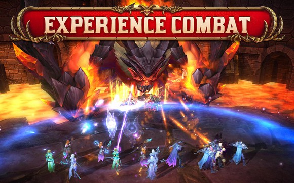 Dragon breathing fire on animated players shooting lasers at it.