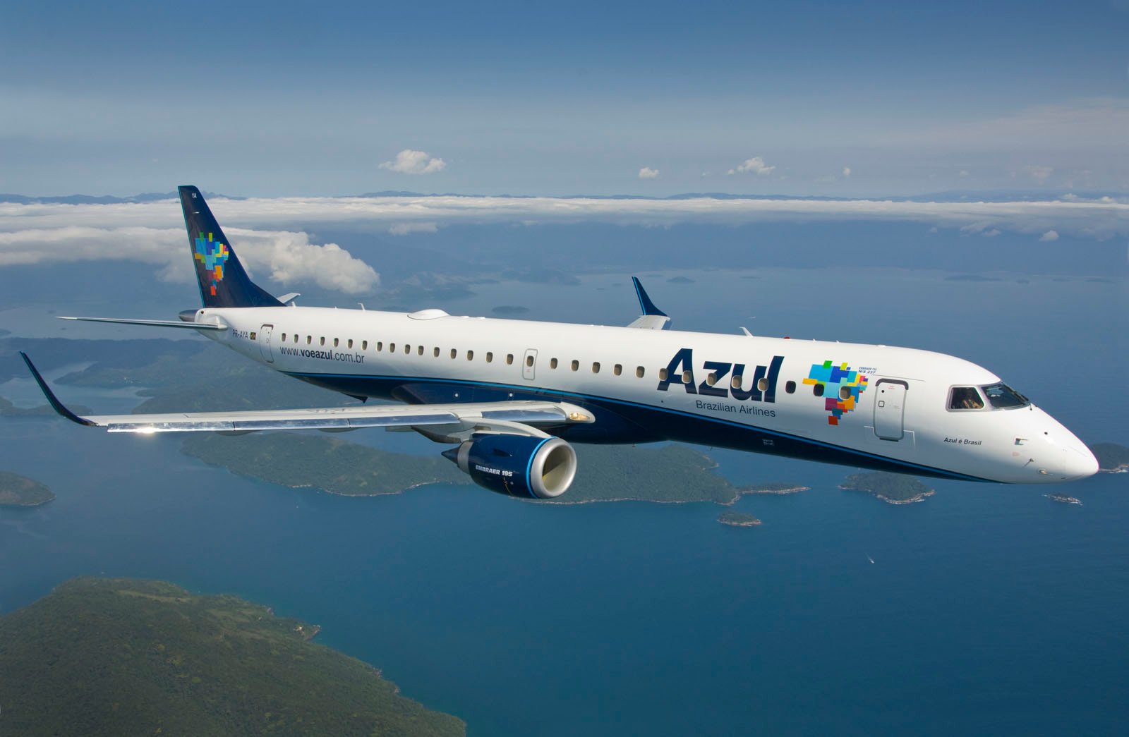 An Azul plane in flight.