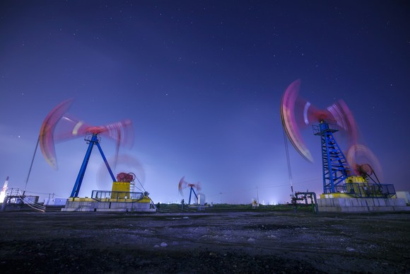 Oil pumps in motion at night