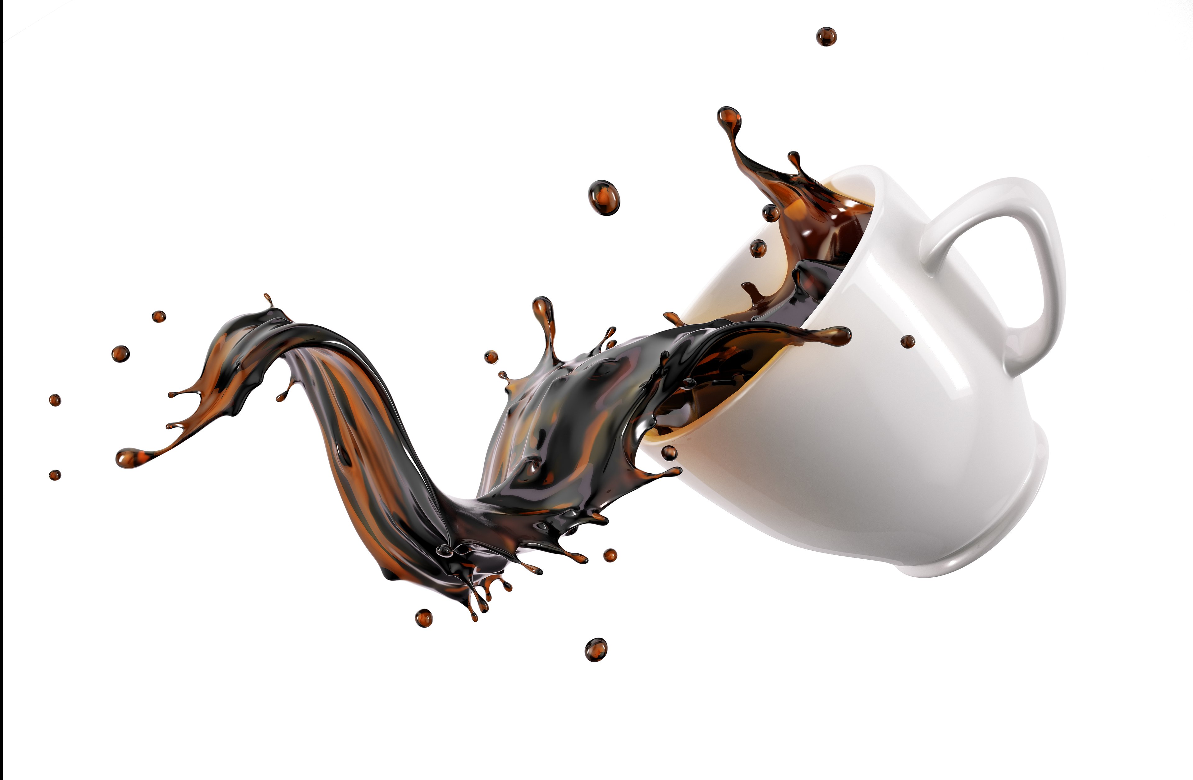 Coffee spilling out of white coffee cup.
