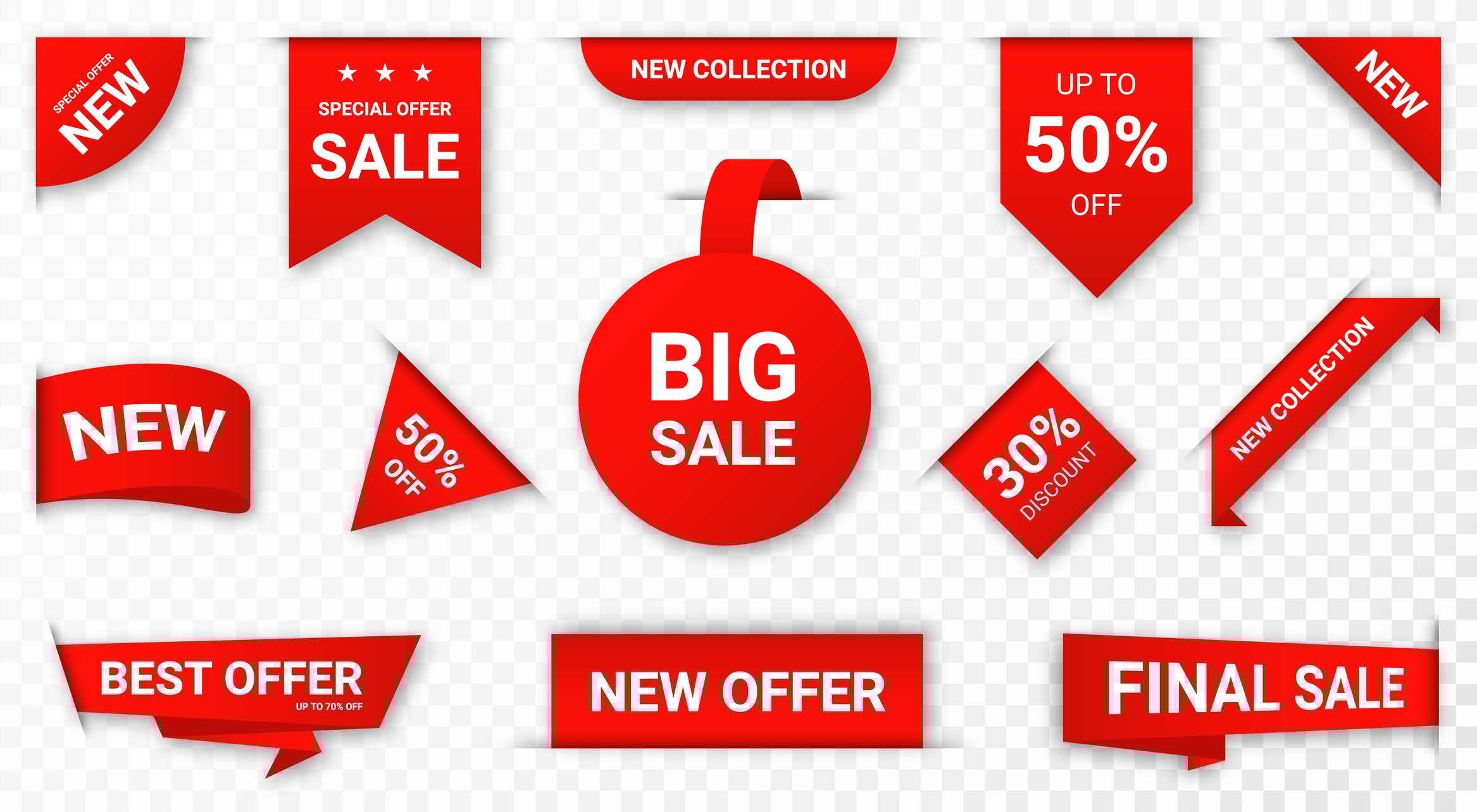 A bunch of tags with different sayings such as Big Sale, Best Offer, and Final Sale.