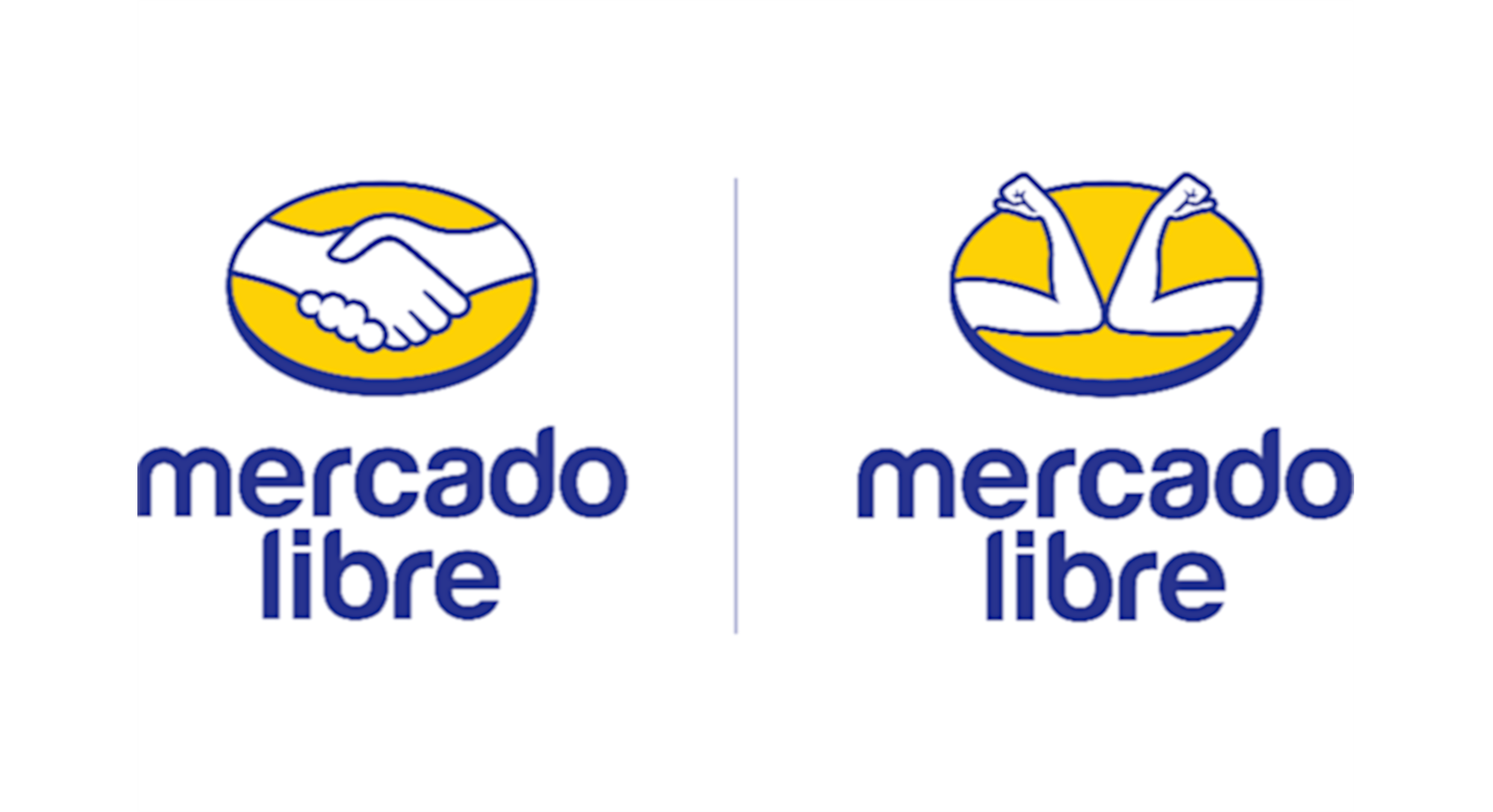 Two versions of MercadoLibre's logo, one with a handshake and one with an elbow bump.