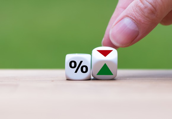 a hand changes the position of a die from red to green while a second die shows a percent sign.