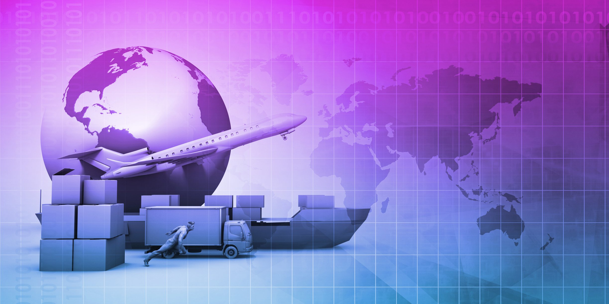 The earth with boxes, an airplane, and a deliver truck in front of it.